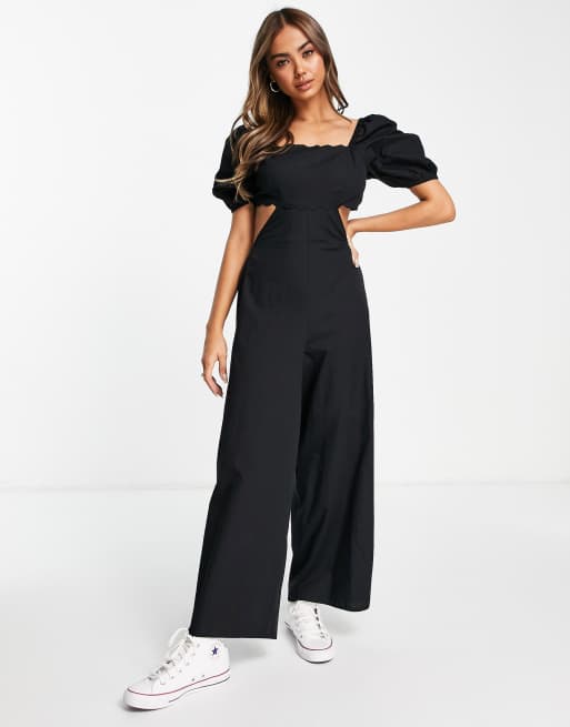 ASOS DESIGN - Jumpsuit met geschulpte hals en pofmouwen in zwart