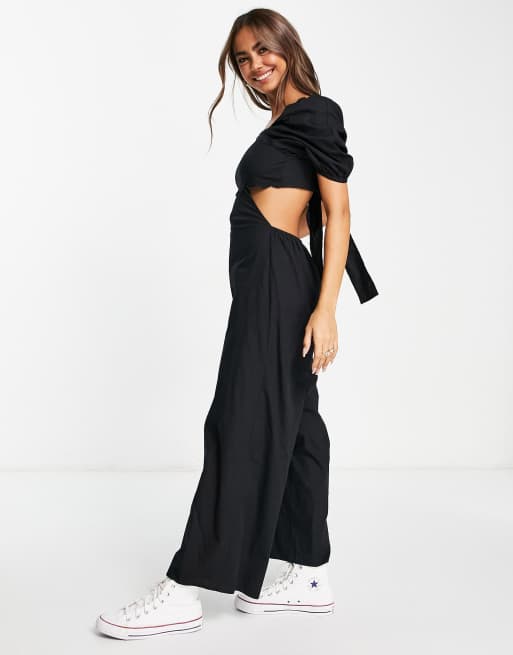 ASOS DESIGN - Jumpsuit met geschulpte hals en pofmouwen in zwart, 4 van 4