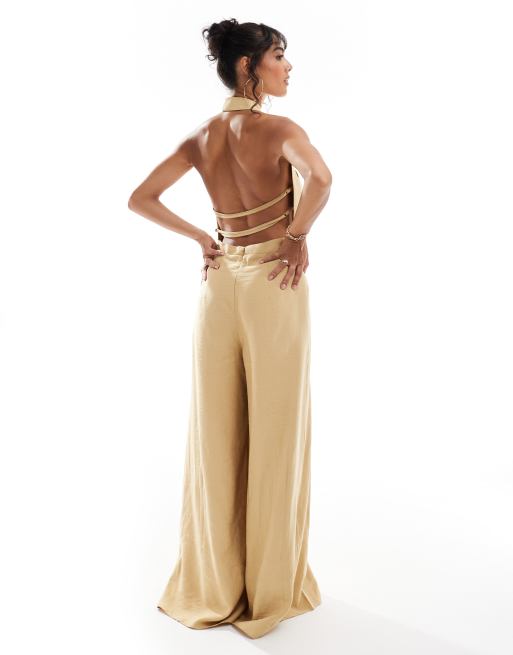 ASOS DESIGN - Jumpsuit met gestrikte halternek en wijde pijpen in bruin, 4 van 4
