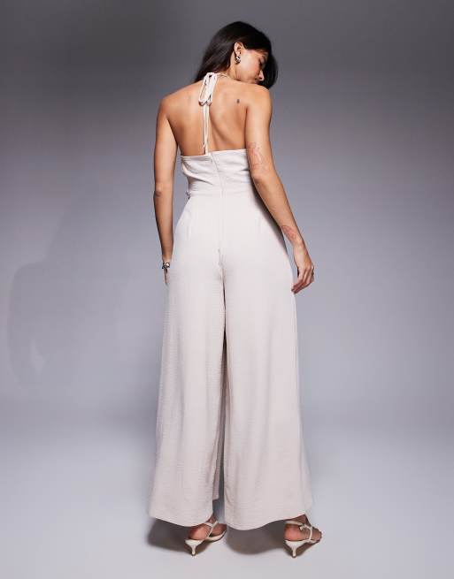 ASOS DESIGN - Jumpsuit met halternek en asymmetrische overlay in stone, 3 van 4