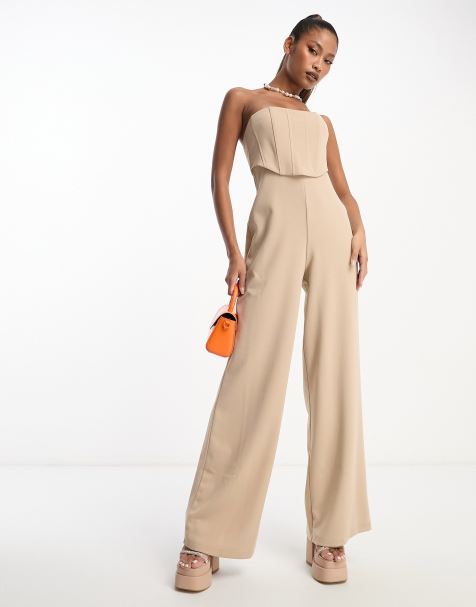 ASOS DESIGN - Jumpsuit met korset, bandeau-hals en wijde pijpen in stone - view 1