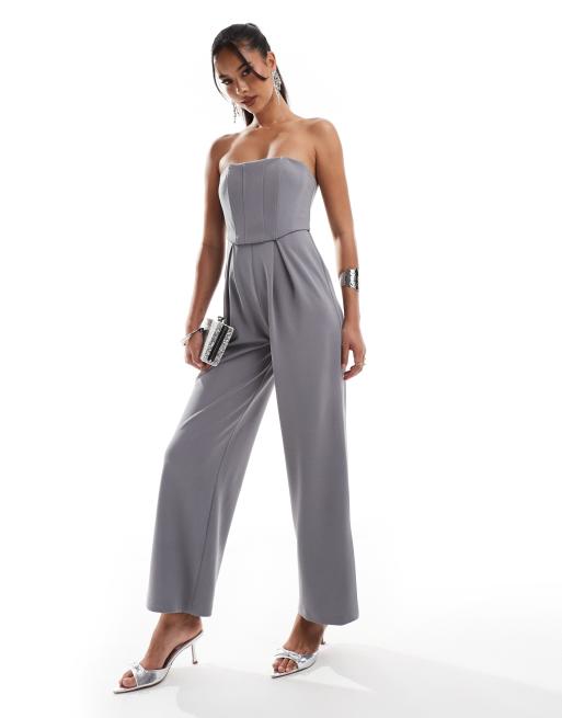 ASOS DESIGN - Jumpsuit met korset, bandeau-halslijn en wijde pijpen in rookgrijs