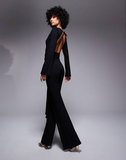 ASOS DESIGN - Jumpsuit met lange mouwen, sjerp om de taille en open achterkant in zwart, 4 van 4