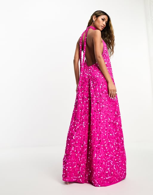 ASOS DESIGN - Jumpsuit met lovertjes en halternek in felroze