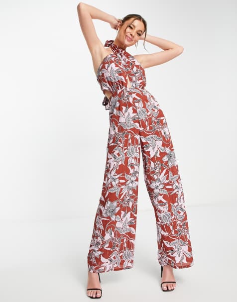 ASOS DESIGN – Jumpsuit mit Blumenprint, Cut-Out und Neckholder - view 1
