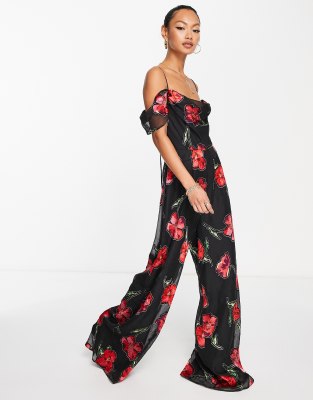 ASOS DESIGN - Jumpsuit mit Blumenprint in Ausbrenner-Optik, weitem Bein und Wasserfallkragen-Bunt