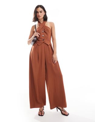 ASOS DESIGN - Jumpsuit mit Knopfleiste und verdrehtem Ausschnitt-Rotbraun