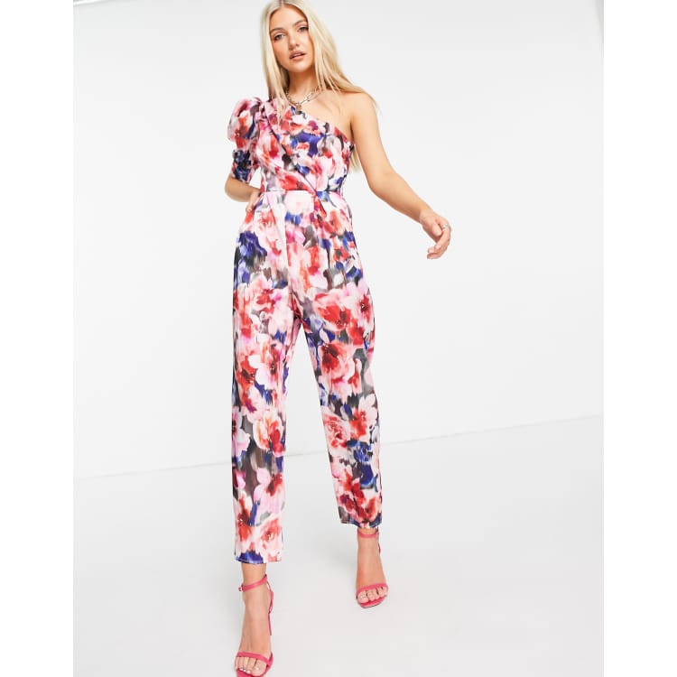 ASOS DESIGN Jumpsuit mit One Shoulder Puffarmel und Blumenmuster ASOS