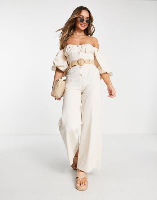 ASOS DESIGN - Jumpsuit mit Puffärmeln, Bardot-Ausschnitt und Flechtgürtel in Steingrau-Neutral