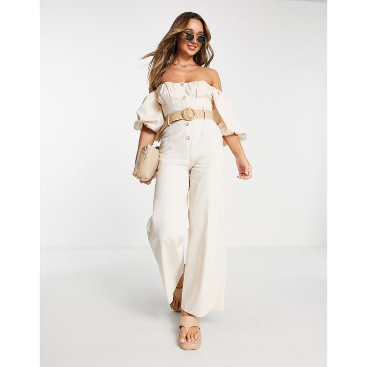 ASOS DESIGN Jumpsuit mit Puffarmeln Bardot Ausschnitt und Flechtgurtel in Steingrau