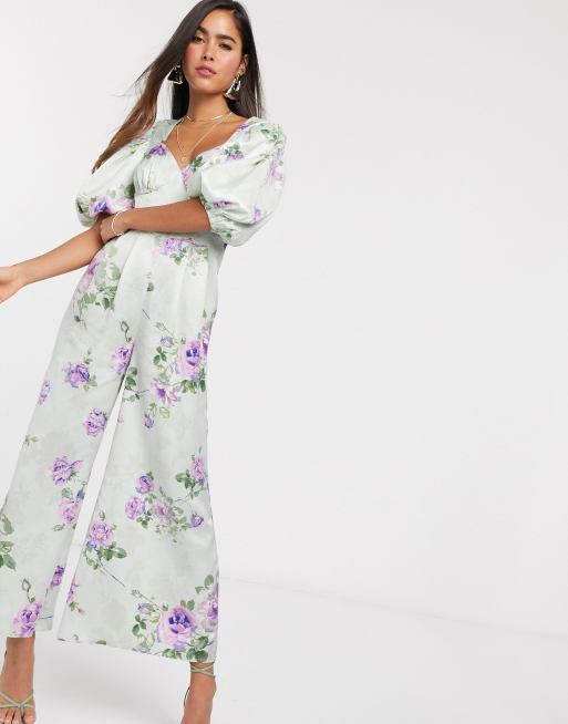 ASOS DESIGN – Jumpsuit mit Puffärmeln und pastellfarbenem Vintage-Blumenmuster