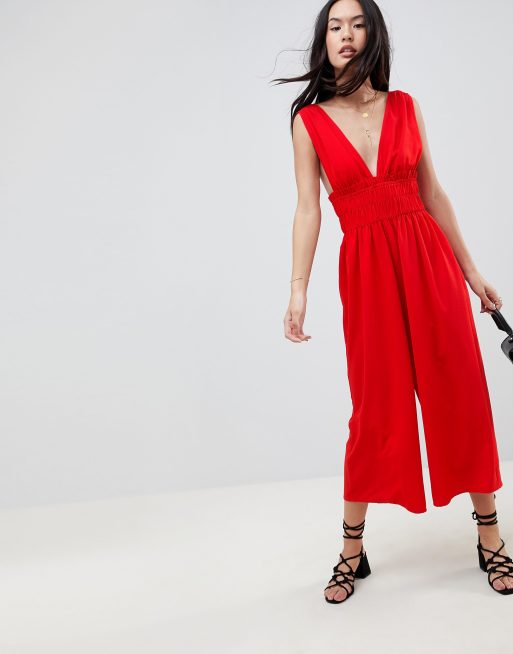 ASOS DESIGN – Jumpsuit mit tiefem Ausschnitt und Rüschen an der Taille