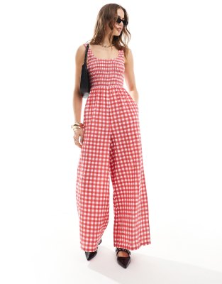 ASOS DESIGN - Jumpsuit mit Vichykaromuster in Rosa, U-Boot-Ausschnitt und weitem Bein-Bunt