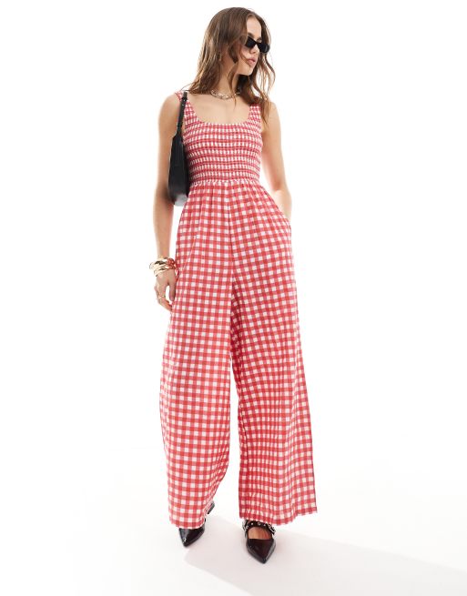 ASOS DESIGN – Jumpsuit mit Vichykaromuster in Rosa, U-Boot-Ausschnitt und weitem Bein