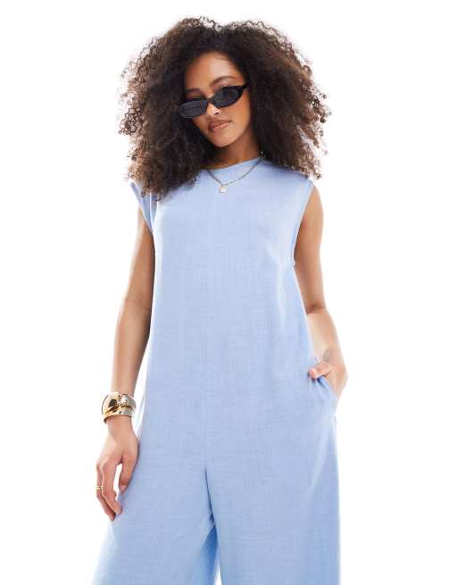 ASOS DESIGN Jumpsuit mit weitem Bein Schulterpolstern und geradem Schnitt in Blau