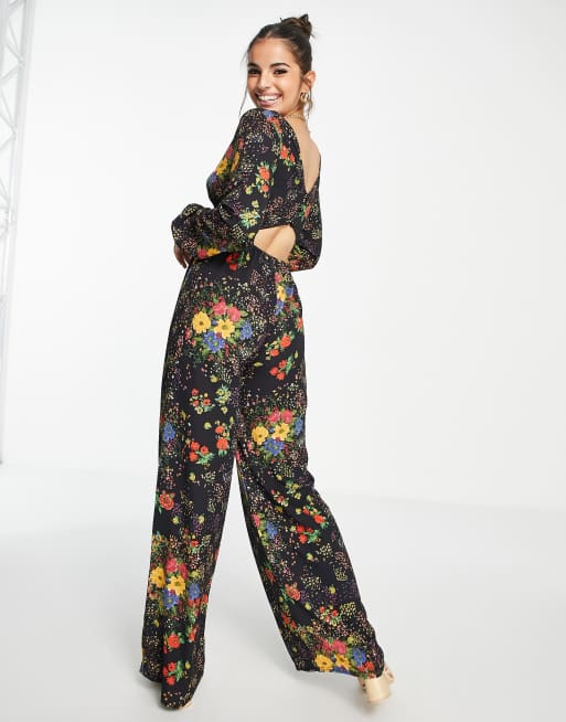 ASOS DESIGN - Jumpsuit van gebobbeld crêpe met lange mouwen en knopen aan de achterkant in bloemenmix