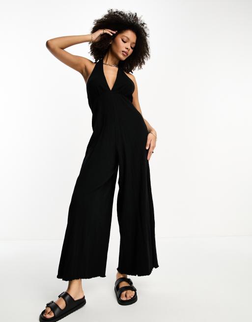 ASOS DESIGN Jumpsuit van gekreukte jersey met halternek in zwart ASOS