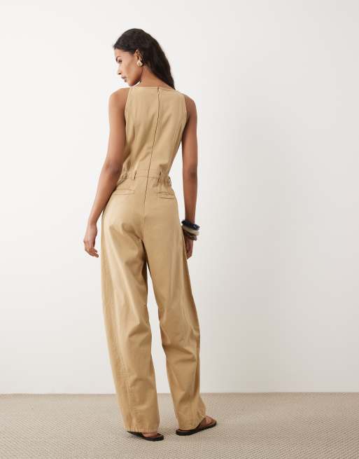 ASOS DESIGN - Jumpsuit van keperstof met naaddetails in stone met wassing, 3 van 4