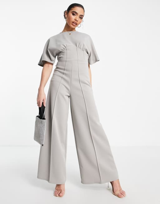 ASOS DESIGN - Jumpsuit van lichtgewicht scuba met korsetnaden en wijde pijpen in grijs
