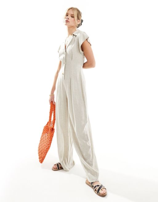 ASOS DESIGN - Jumpsuit van linnen met kraagje en knoopsluiting in lichtbeige