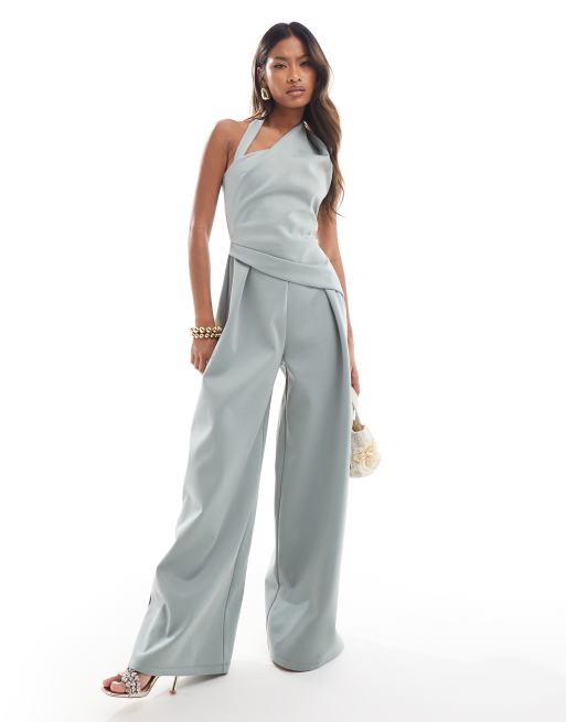 ASOS DESIGN - Jumpsuit van scubastof met overslag en halternek in saliegroen