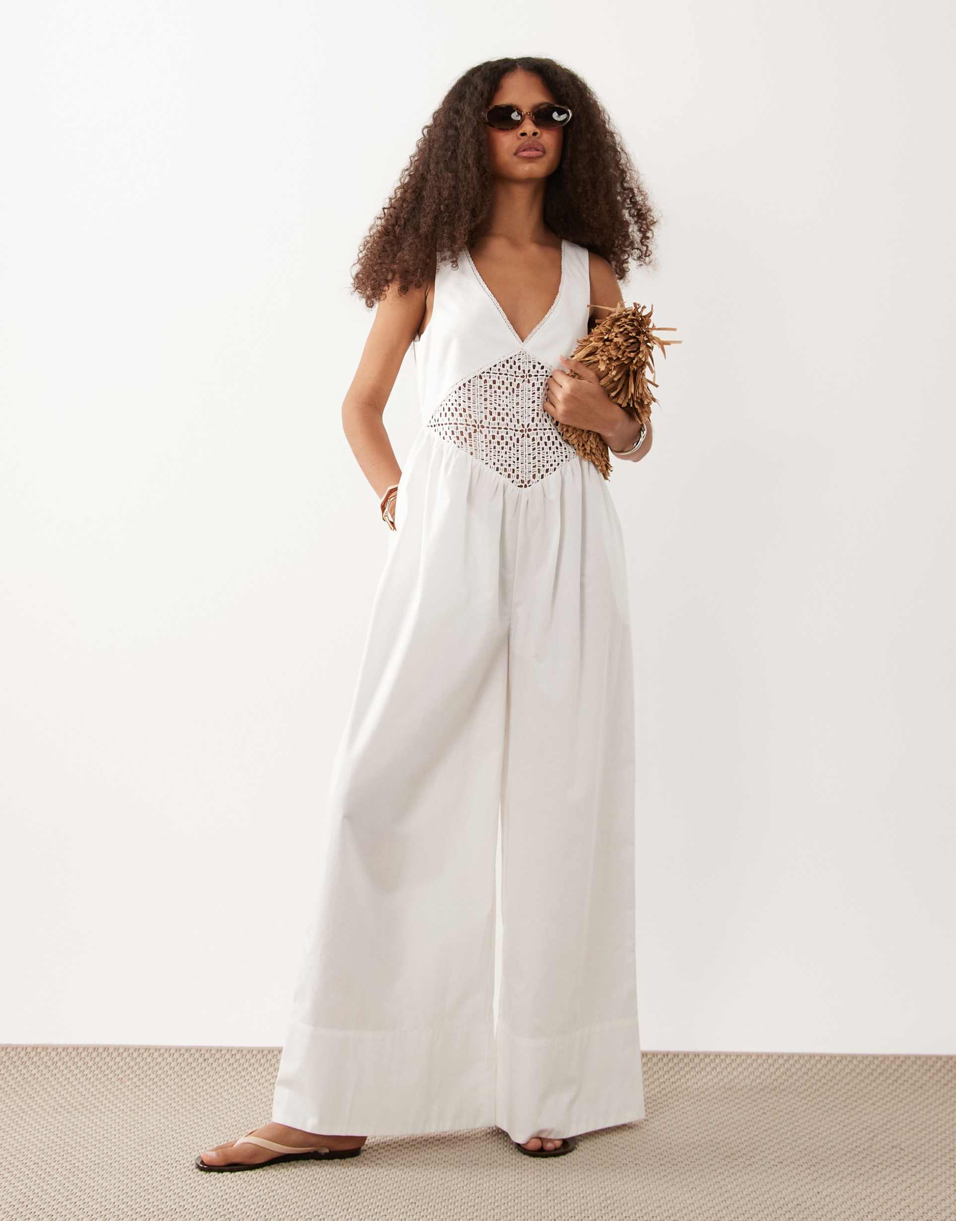 asos design jumpsuit with crochet waist panel in white