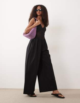 Asos Design Jumpsuit With Crochet Waist Panel With In Black