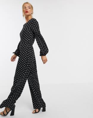 ASOS DESIGN jumpsuit with elasticated sleeve detail in polka dot-Multi