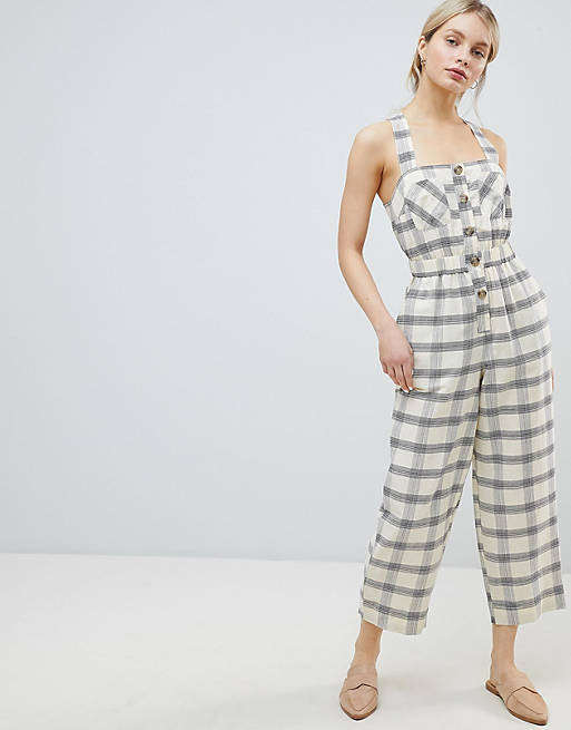 ASOS DESIGN Jumpsuit With Elasticated Waist And Button Detail In Check ...