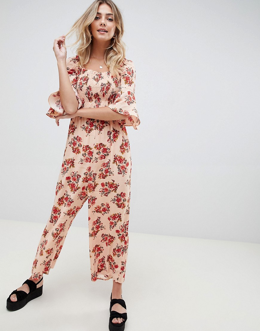 ASOS DESIGN jumpsuit with shirred bodice in ditsy floral print-Multi