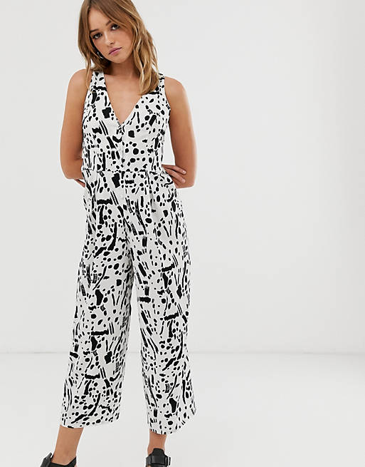 ASOS DESIGN jumpsuit with tie back detail in mono abstract print | ASOS