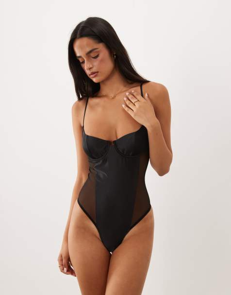 ASOS DESIGN Juni satin underwired body in black - view 1