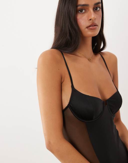 ASOS DESIGN Juni satin underwired body in black, 3 of 3