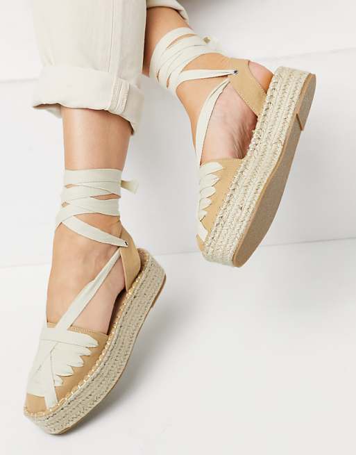 ASOS DESIGN Junior flatform espadrilles with ankle tie in tan/cream | ASOS