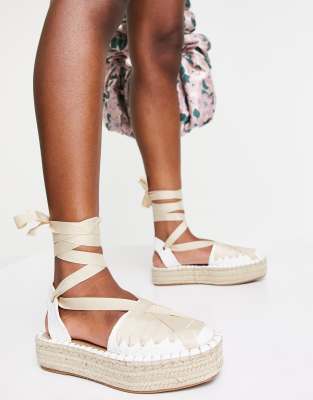 ASOS DESIGN Junior flatform espadrilles with ankle tie in white crochet