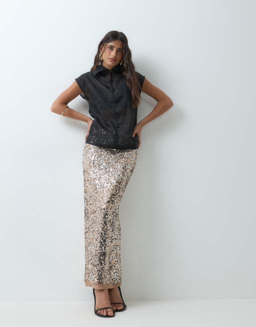ASOS DESIGN jupe à étages à sequins dorée longueur mi-mollet, 1 de 5
