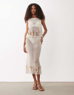 Jupe à franges et perles crochetée à la main de qualité supérieure - Blanc M