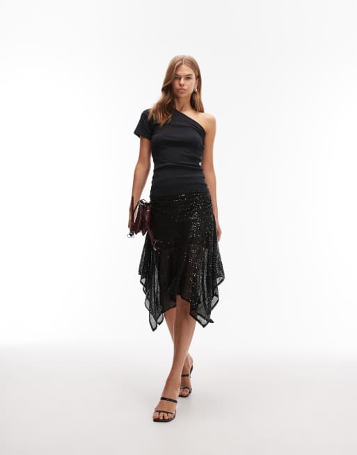 ASOS DESIGN - Jupe à sequins avec ourlet en pointe - Noir