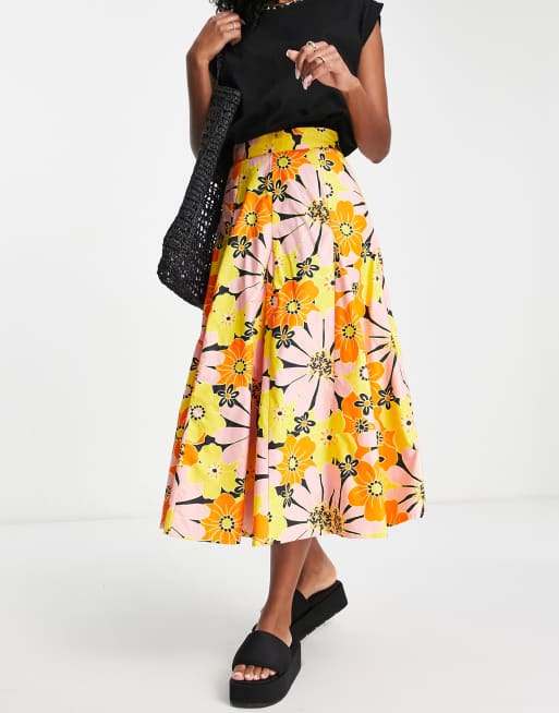 ASOS DESIGN - Jupe ample mi-longue en coton à imprimé fleurs de couleurs  vives | ASOS