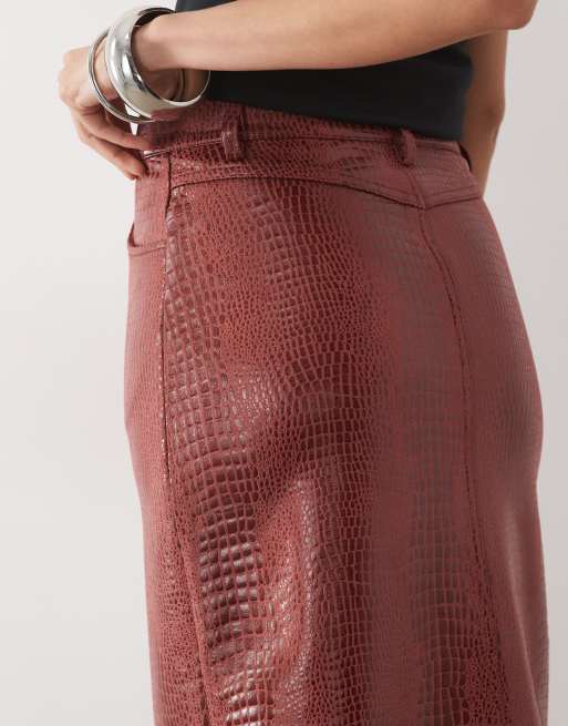 ASOS DESIGN jupe crayon en jersey effet croco aspect cuir bordeaux, 5 de 5