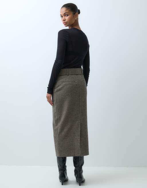 ASOS DESIGN Jupe crayon mi-longue ajustée ceinturée à carreaux marron en laine, 5 de 5