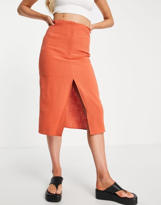 ASOS DESIGN Jupe crayon mi longue en lin avec fente Rouille ASOS