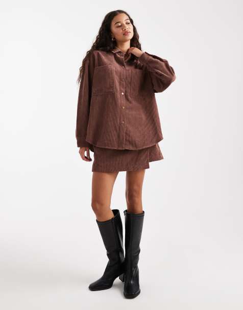 ASOS DESIGN - Jupe d'ensemble effet croisé en velours côtelé - Marron - view 1