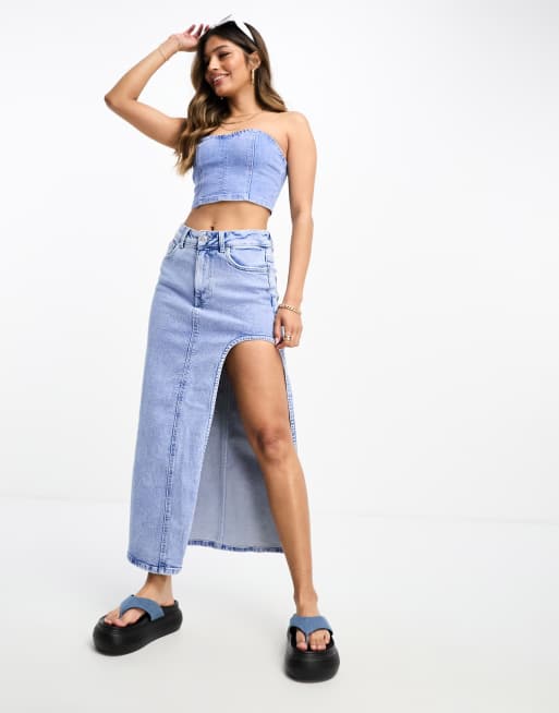 ASOS DESIGN Jupe d ensemble en jean avec fente haute D lavage