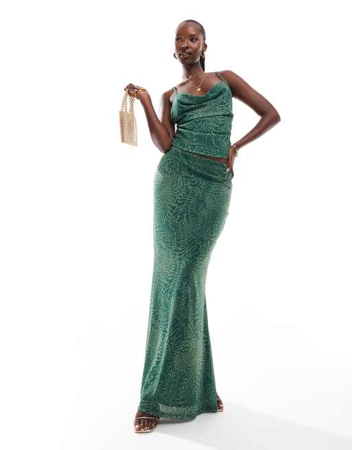 ASOS DESIGN - Jupe d'ensemble en tulle à imprimé serpent avec ourlet plongeant et fente sur le côté - Vert