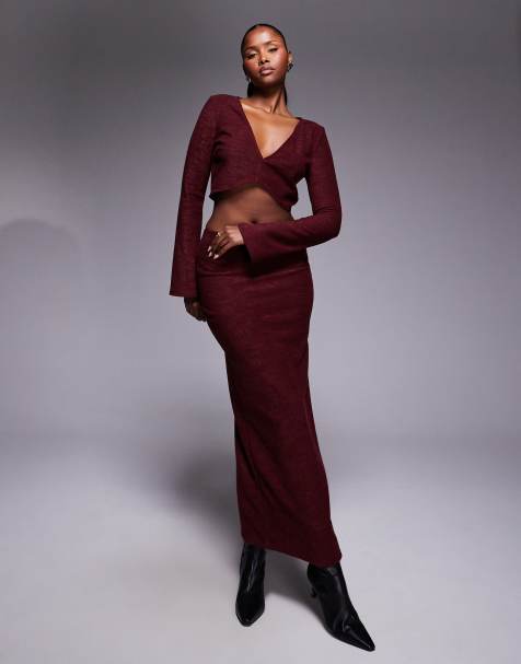 ASOS DESIGN - Jupe d'ensemble longue coupe colonne en maille côtelée effet brossé - Bordeaux - view 1