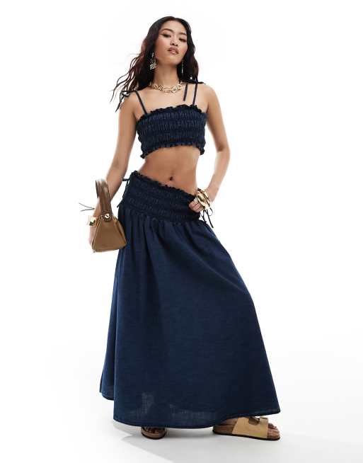 ASOS DESIGN - Jupe d'ensemble longue en denim souple à taille froncée - Bleu foncé 