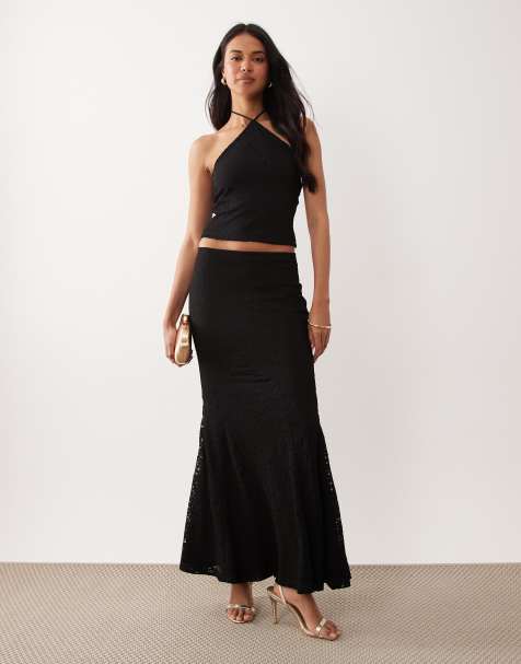 ASOS DESIGN - Jupe d'ensemble longue en dentelle à ourlet plongeant - Noir - view 1