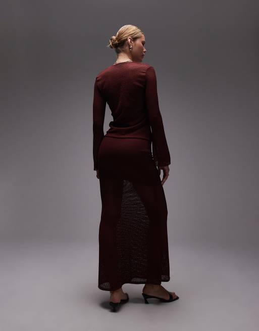 ASOS DESIGN - Jupe d'ensemble longue en maille crochetée à ourlet plongeant - Bordeaux, 4 de 5
