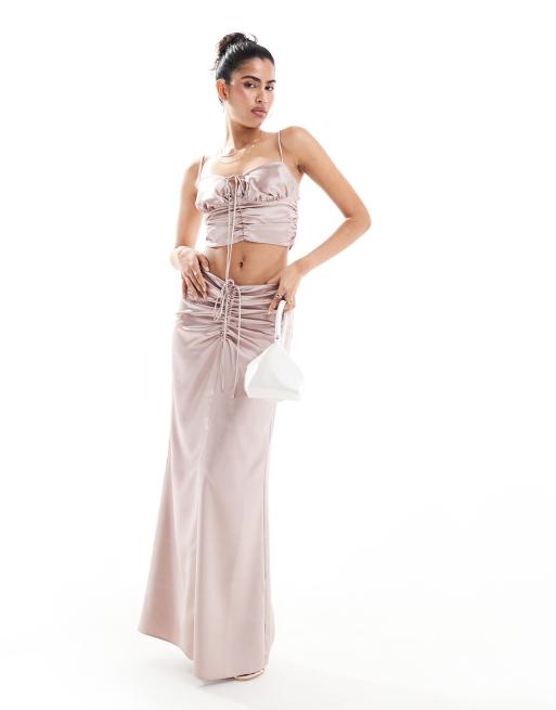 ASOS DESIGN - Jupe d'ensemble longue en satin avec fronces - Blush